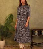 Styllow women printed viscose rayon a-line kurta (black)