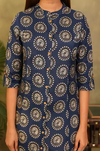 navy blue printed viscose rayon a-line kurta