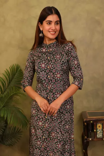black floral printed viscose rayon a-line kurta