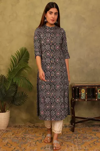 black floral printed viscose rayon a-line kurta