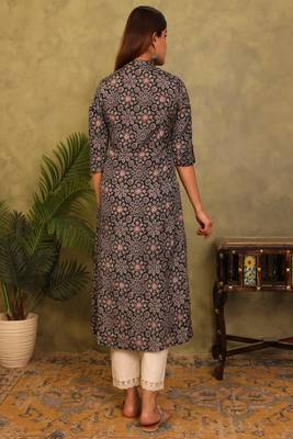black floral printed viscose rayon a-line kurta 4