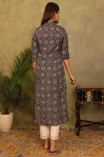black floral printed viscose rayon a-line kurta
