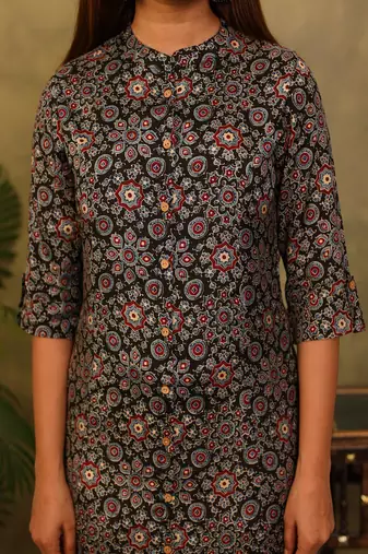 black floral printed viscose rayon a-line kurta