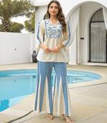 white blue embroidered rayon top with palazzo pant
