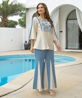 white blue embroidered rayon top with palazzo pant 2