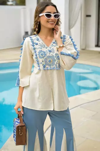 white blue embroidered rayon top with palazzo pants