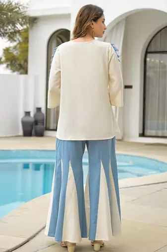 white blue embroidered rayon top with palazzo pants