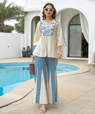 white blue embroidered rayon top with palazzo pant 5