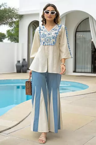 white blue embroidered rayon top with palazzo pants
