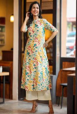 beige floral printed pure cotton a-line kurta for women 1