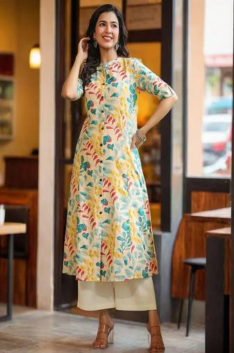 Styllow women floral print pure cotton a-line kurta (beige)