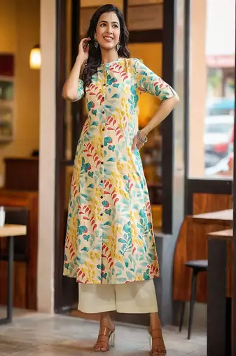 Styllow women floral print pure cotton a-line kurta (beige)
