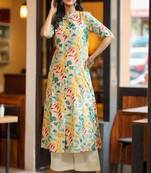 beige floral printed pure cotton a-line kurta for women