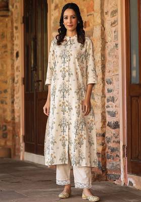 mustard floral printed cotton kurta with princess cut a-line fit 1
