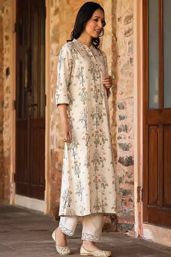 mustard floral printed cotton kurta with princess cut a-line fit