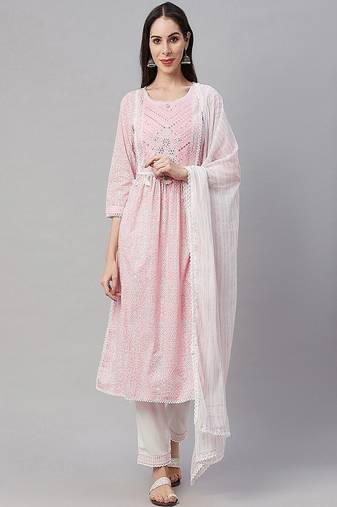 Womens printed embroidered a-line kurta pant dupatta set (pink)