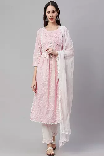 Womens printed embroidered a-line kurta pant dupatta set (pink)