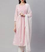 pink cotton printed a-line kurta pant dupatta set