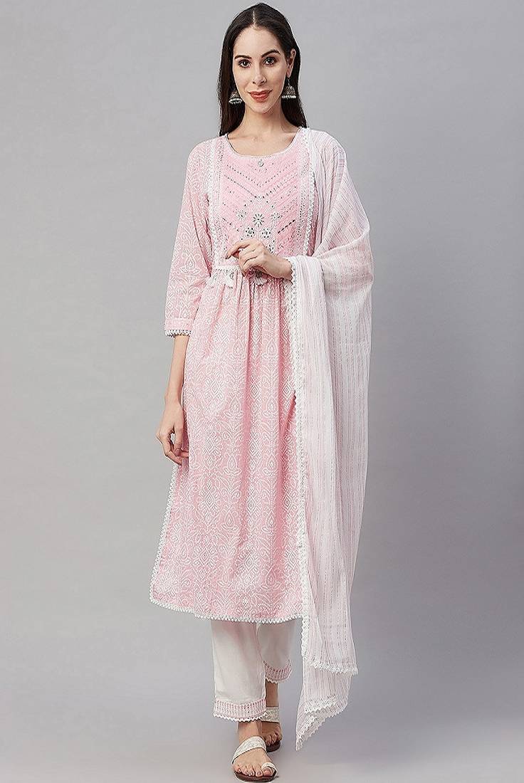 Womens printed embroidered a-line kurta pant dupatta set (pink)