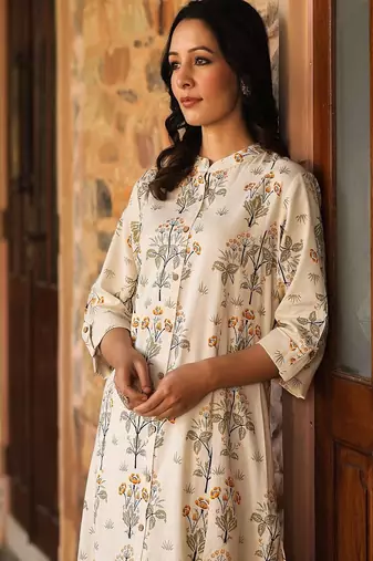 mustard floral printed cotton kurta with princess cut a-line fit