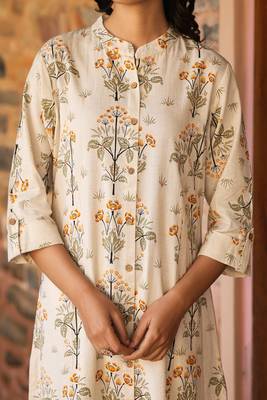 mustard floral printed cotton kurta with princess cut a-line fit 4