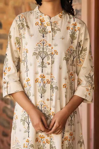 mustard floral printed cotton kurta with princess cut a-line fit