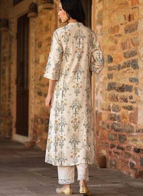 mustard floral printed cotton kurta with princess cut a-line fit 5