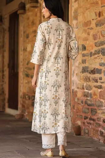 mustard floral printed cotton kurta with princess cut a-line fit