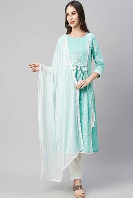 sea green cotton printed a-line kurta pant dupatta set 1