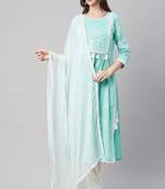 Womens printed embroidered a-line kurta pant dupatta set (sea green)