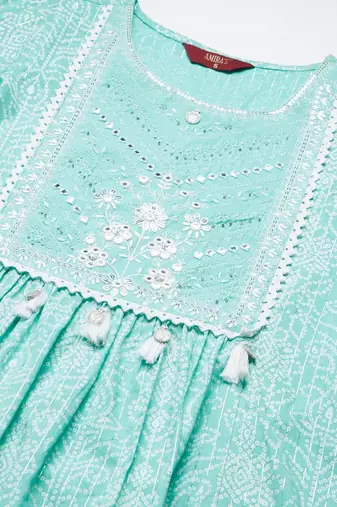sea green cotton printed a-line kurta pant dupatta set
