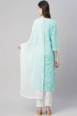 sea green cotton printed a-line kurta pant dupatta set 3