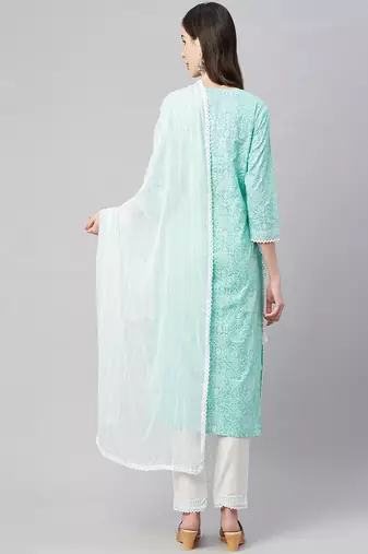 sea green cotton printed a-line kurta pant dupatta set