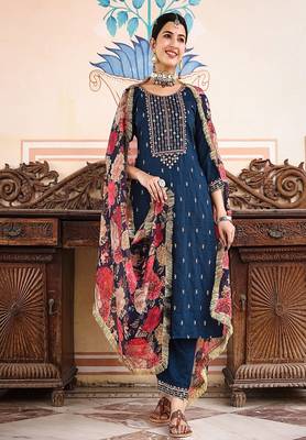 blue art silk embroidered straight kurta suit set 1