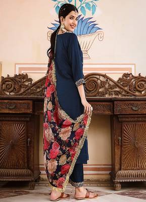 blue art silk embroidered straight kurta suit set 2
