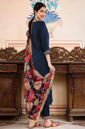 blue art silk embroidered straight kurta suit set