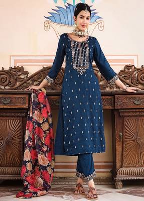 blue art silk embroidered straight kurta suit set 3