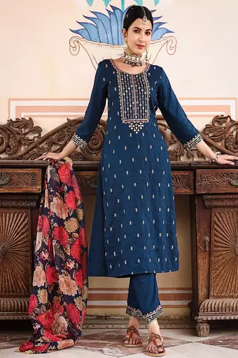 blue art silk embroidered straight kurta suit set