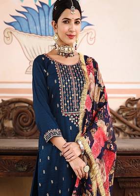 blue art silk embroidered straight kurta suit set 4