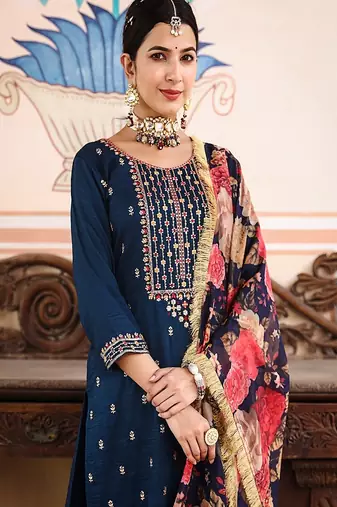 blue art silk embroidered straight kurta suit set