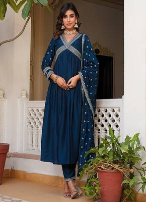 blue embroidered muslin anarkali suit with dupatta 1