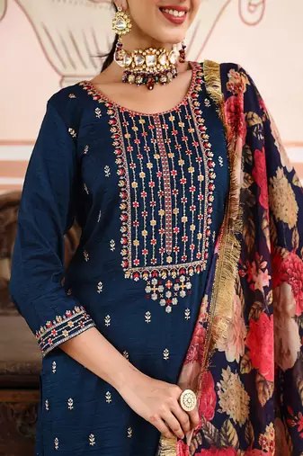 blue art silk embroidered straight kurta suit set