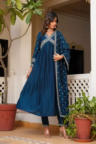 blue embroidered muslin anarkali suit with dupatta