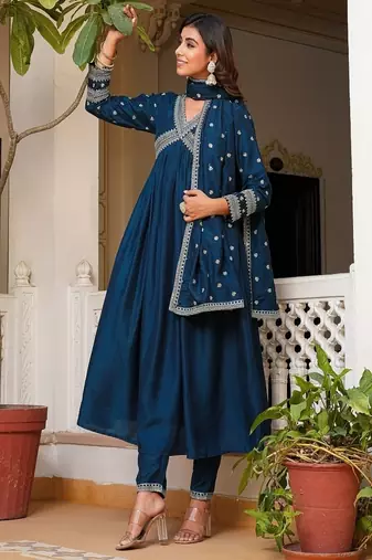 blue embroidered muslin anarkali suit with dupatta