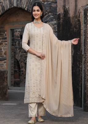 women’s beige rayon kurta pant dupatta set with gota work 1