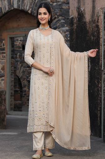 Rayon kurta pant and dupatta foil print detailing with gota work