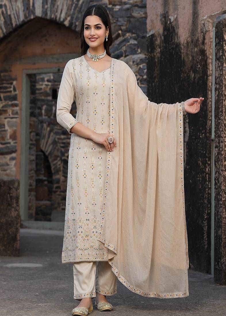 Rayon kurta pant and dupatta foil print detailing with gota work