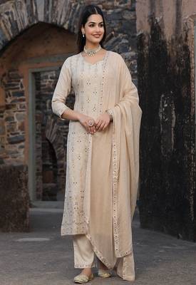 women’s beige rayon kurta pant dupatta set with gota work 2