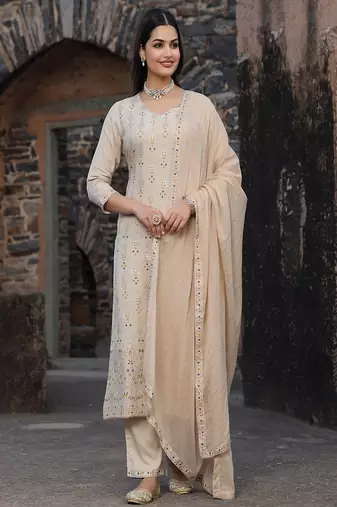 women’s beige rayon kurta pant dupatta set with gota work