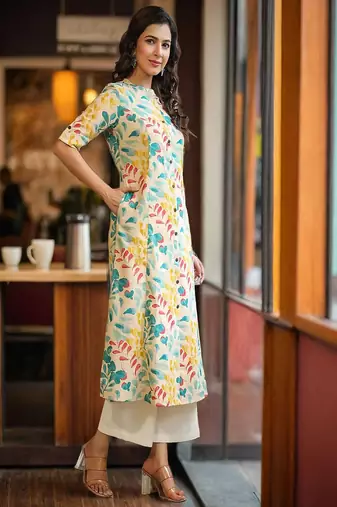 beige floral printed pure cotton a-line kurta for women